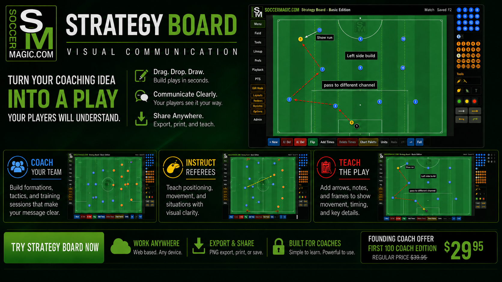 SoccerMagic.com Strategy Board showing formations, player movement, coaching notes, and tactical tools